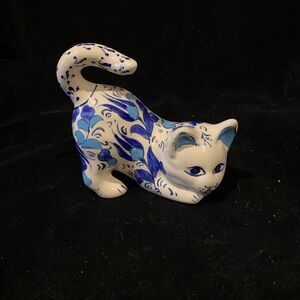 Blue Floral Ceramic Cat Figurine